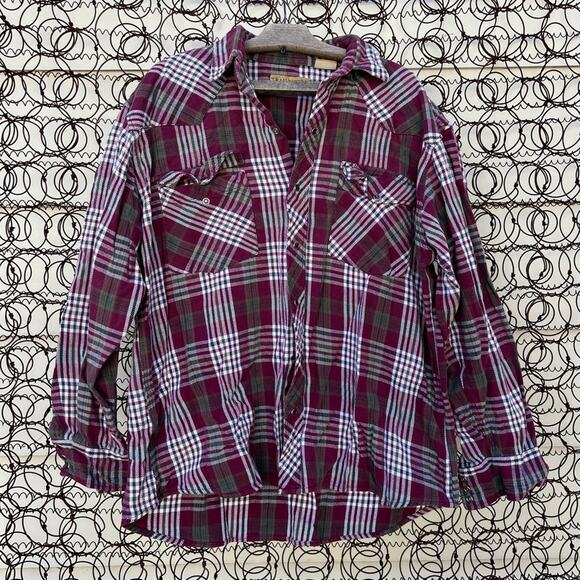 Vintage maroon plaid heavy weight pearl snap long sleeve cotton shirt Shacket - Picture 1 of 5